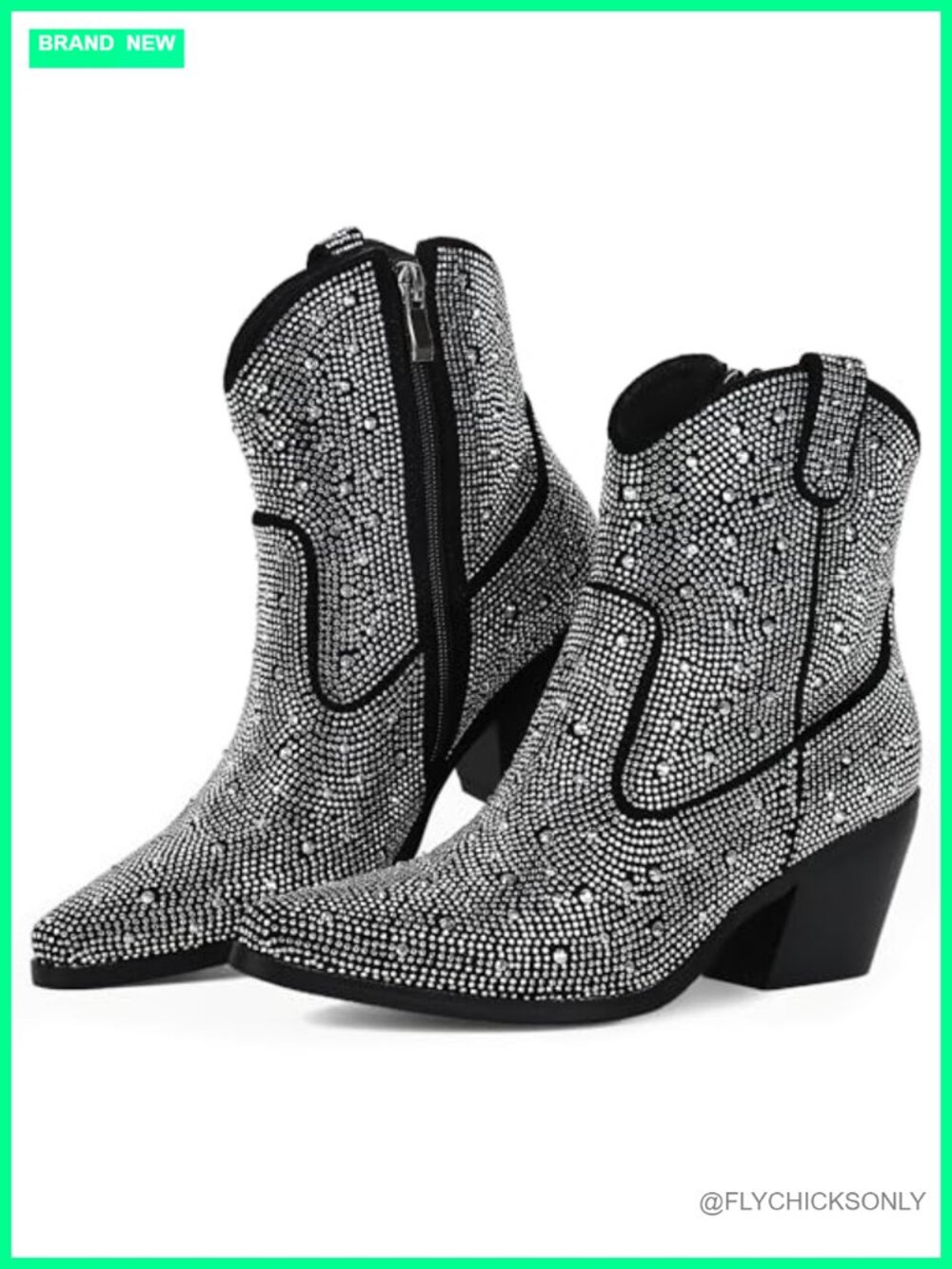 Rhinestone Cowboy Boots Glitter Chunky Heel Sparkly Pointed Toe Ankle Booties